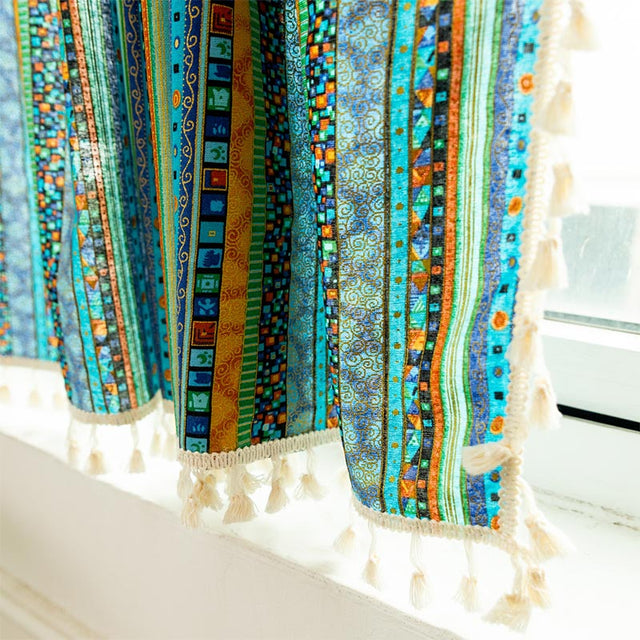 Colorful Plaid Pattern Tassel Tier Curtain in Cotton Linen