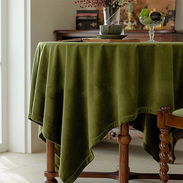 French Vintage Olive Green Velvet Tablecloth-5