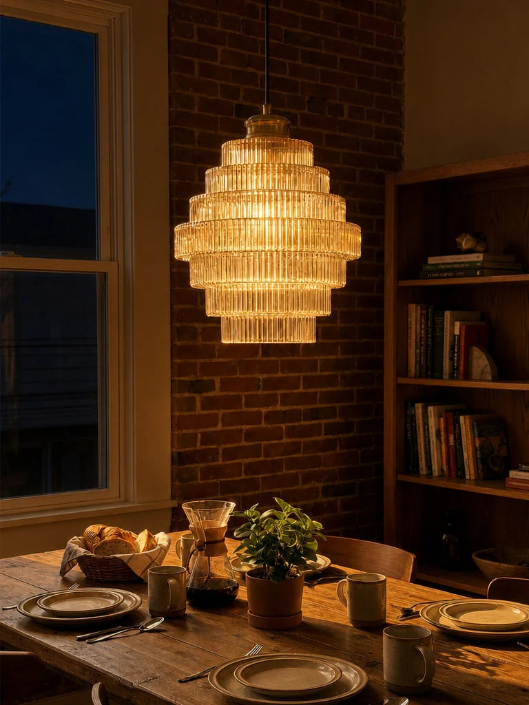 Tiered Ribbed Glass Pendant Light, Art Deco Brass Ceiling Lamp