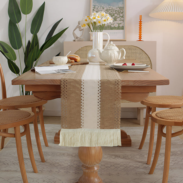 Boho Macrame Cotton Linen Table Runner with Tassels
