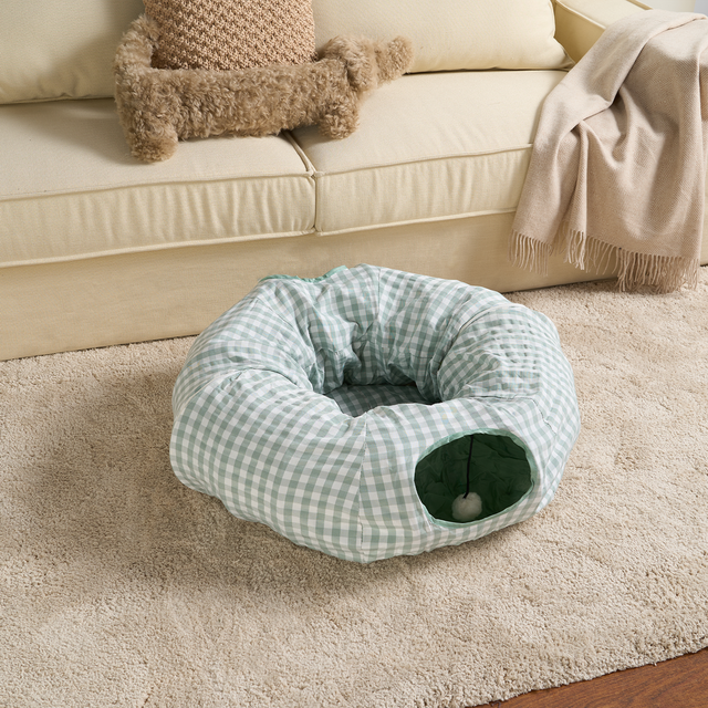 Tartan Foldaway Cat Tunnel & Bed – Cozy, Durable, and Interactive