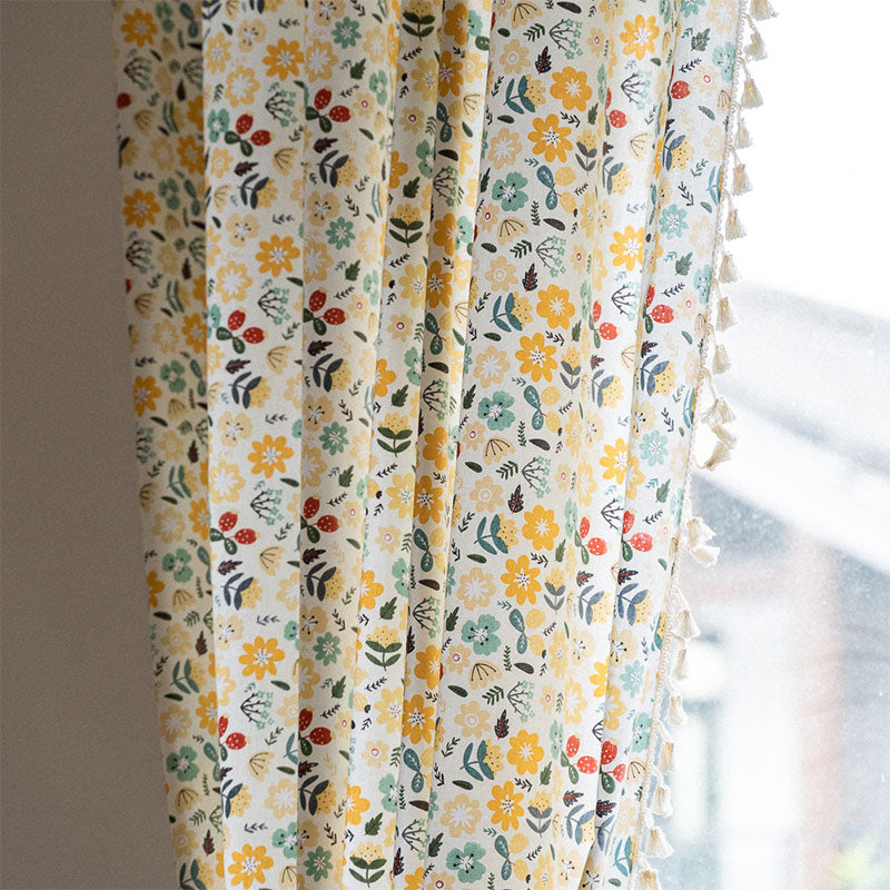 Yellow Flower Tassel Light Filtering Cotton Linen Curtain