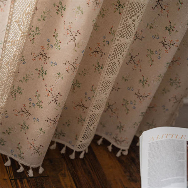 Floral Plaid Splicing Cotton Linen Tassel Curtain