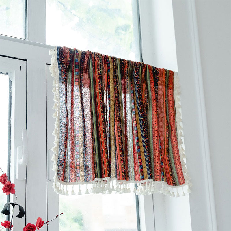 Colorful Plaid Pattern Tassel Tier Curtain-2
