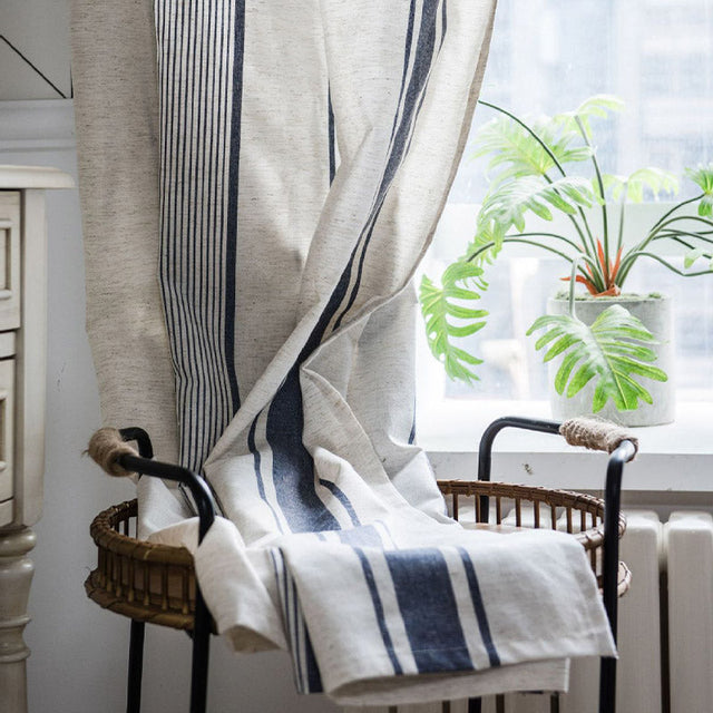 Navy & Beige Striped Semi-Blackout Cotton Curtains