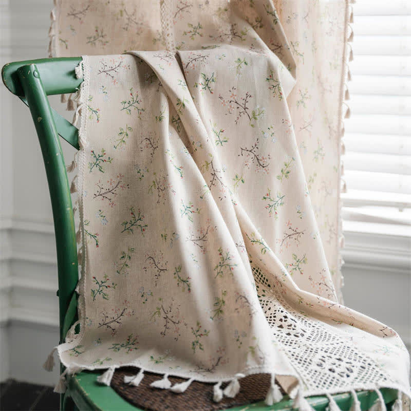 Floral Plaid Splicing Cotton Linen Tassel Curtain
