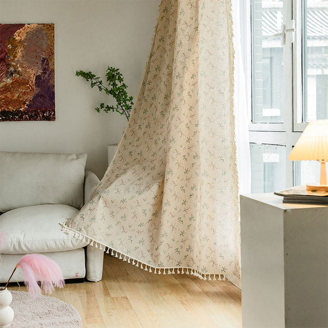Countryside Style Floral Light Filtering Curtain in Cotton Linen