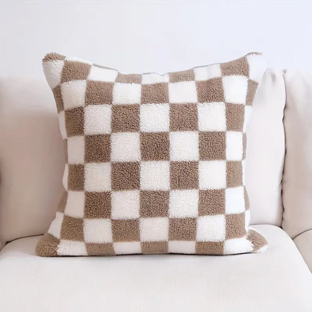 Checkerboard Faux Fur Cushion Cover in Khaki and Coffee