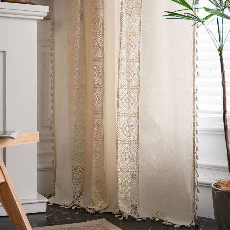 Beige Splicing Hollow-Out Light Filtering Curtain Set