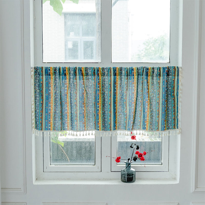 Colorful Plaid Pattern Tassel Tier Curtain in Cotton Linen