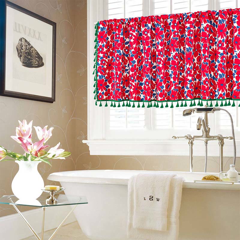 Red Flower Print Tassel Tier Curtain-5