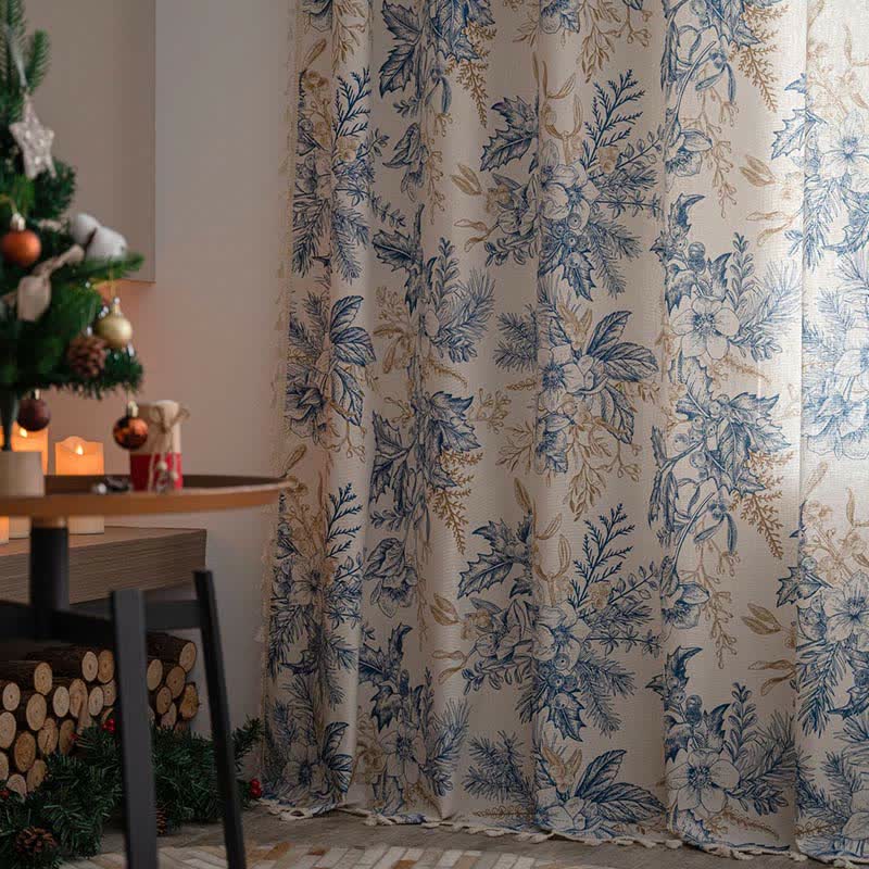 Blue Flower Pine Cotton Linen Light Filtering Curtain