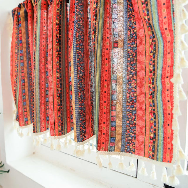 Colorful Plaid Pattern Tassel Tier Curtain-4