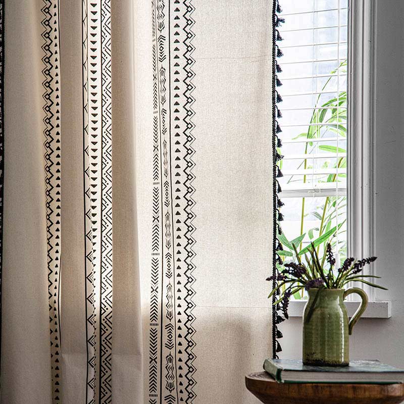 Geometric Tassel Curtain Semi Blackout Drapes in Cotton Blend