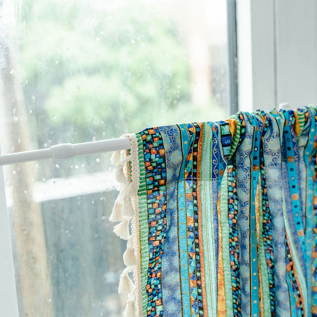 Colorful Plaid Pattern Tassel Tier Curtain in Cotton Linen