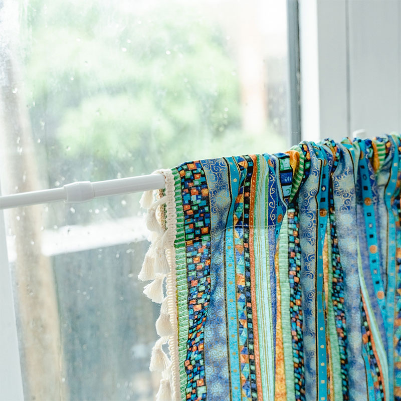 Colorful Plaid Pattern Tassel Tier Curtain in Cotton Linen