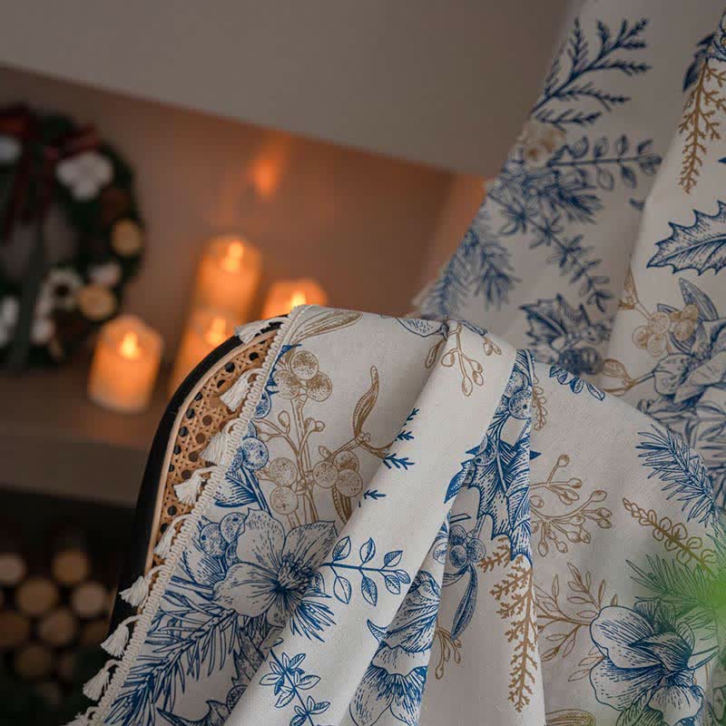 Blue Flower Pine Cotton Linen Light Filtering Curtain