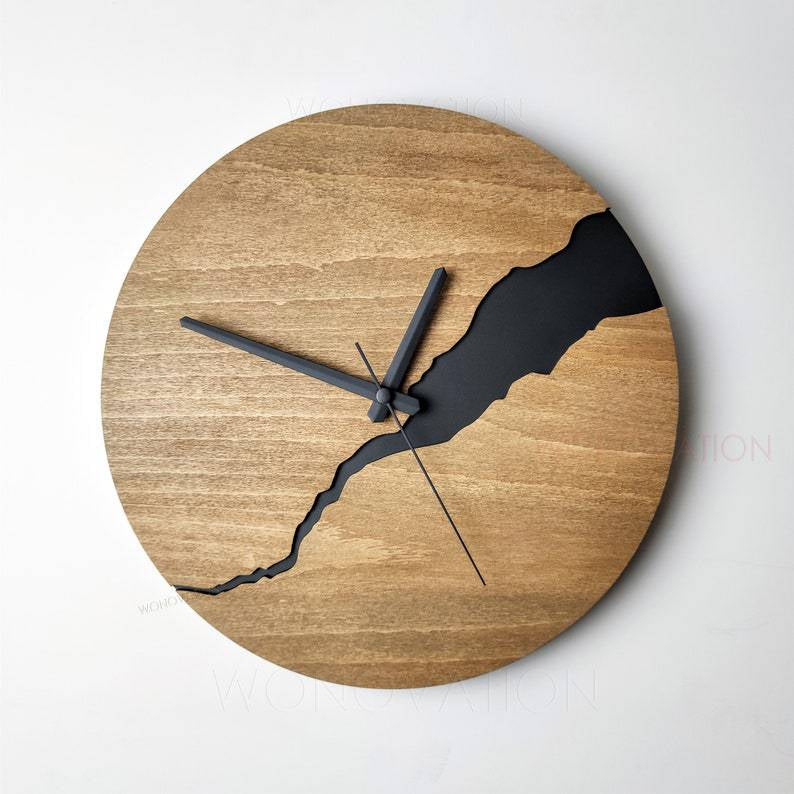 Rustic Wall Clock with Cracked Wood Finish and Unique Design