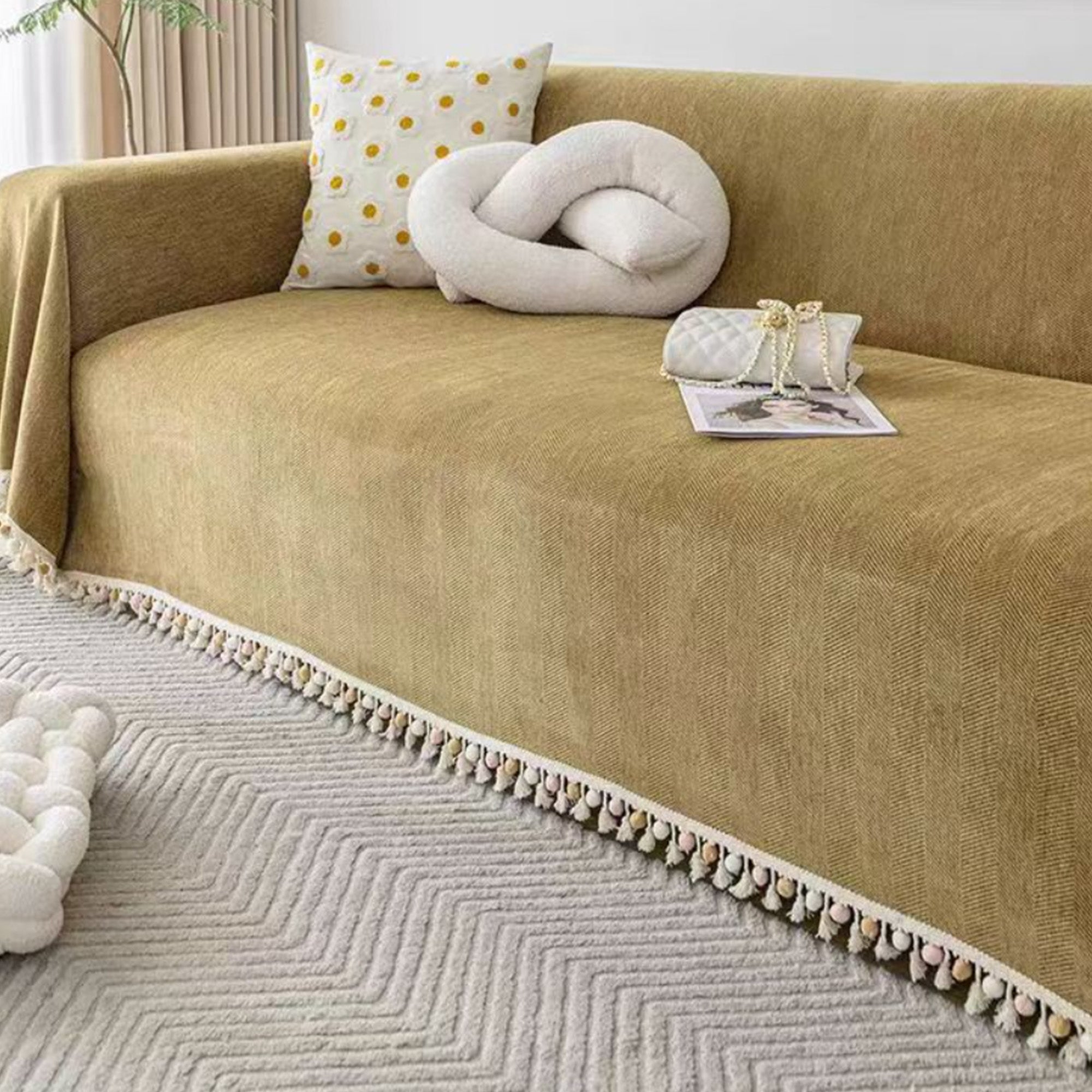 Pet Friendly Herringbone Tassel Luxe Sofa Cover - Modern, Stylish & Durable Sofa Protection
