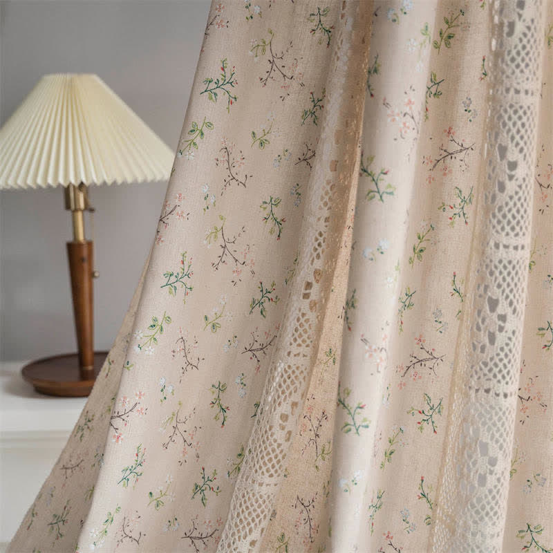 Floral Plaid Splicing Cotton Linen Tassel Curtain