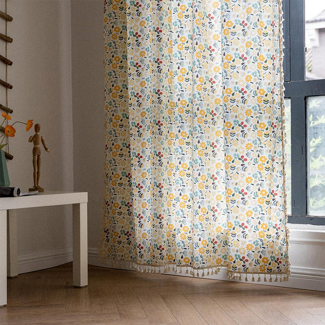 Yellow Flower Tassel Light Filtering Cotton Linen Curtain