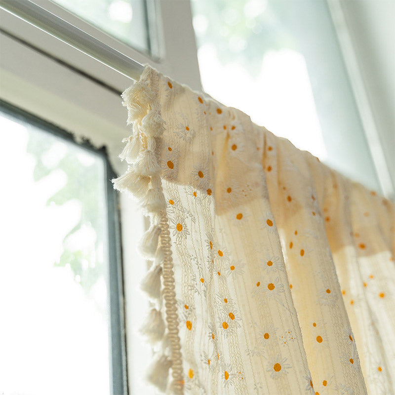Beige Daisy Pattern Tier Curtain in Cotton Linen Fabric