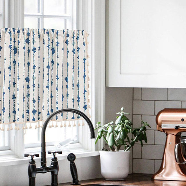 Blue ECG Tassel Cabinet Curtain in Cotton Linen Fabric