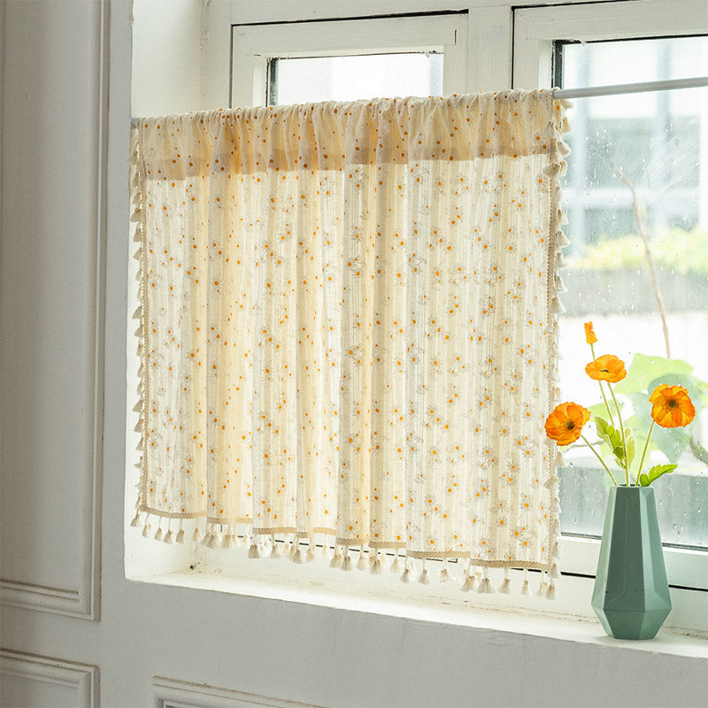 Beige Daisy Pattern Tier Curtain in Cotton Linen Fabric