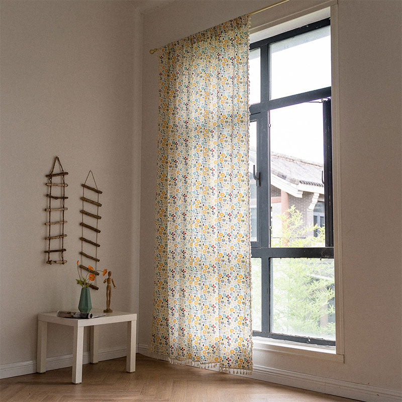 Yellow Flower Tassel Light Filtering Cotton Linen Curtain