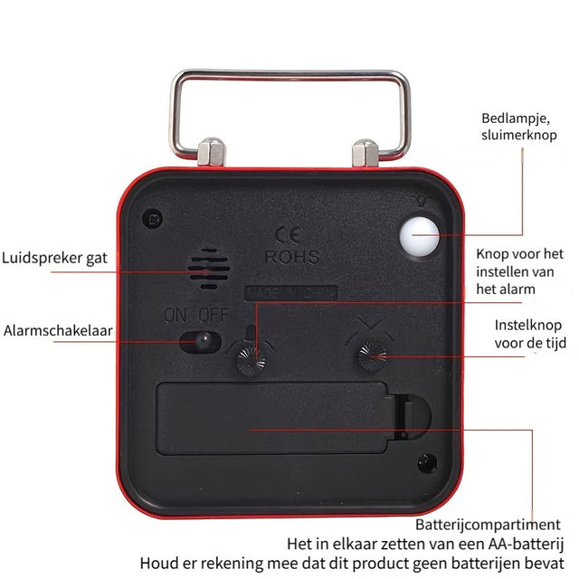 Square Metal Alarm Clock with Night Light and Snooze Feature