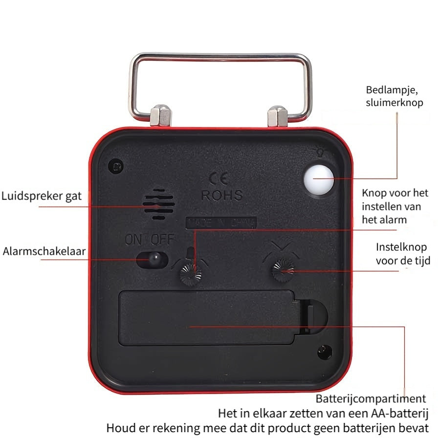 Square Metal Alarm Clock with Night Light and Snooze Feature