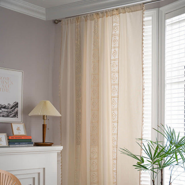 Beige Splicing Hollow-Out Light Filtering Curtain Set