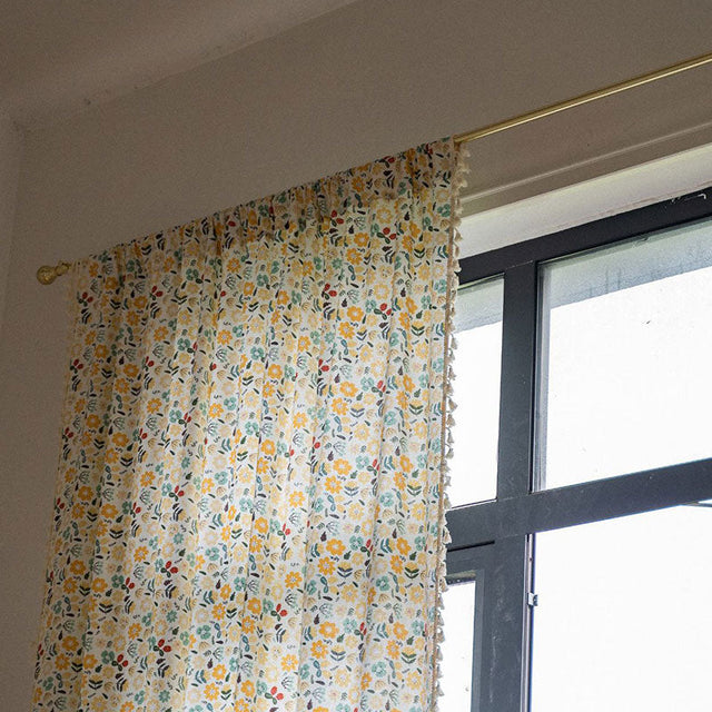 Yellow Flower Tassel Light Filtering Cotton Linen Curtain