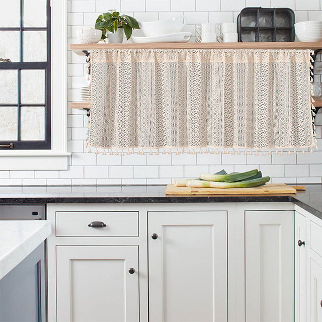 Lace Taseel Hollow-Out Tier Curtain in Cotton Linen Material