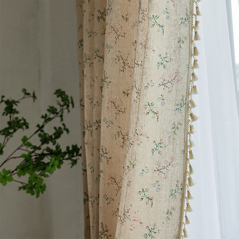 Countryside Style Floral Light Filtering Curtain in Cotton Linen