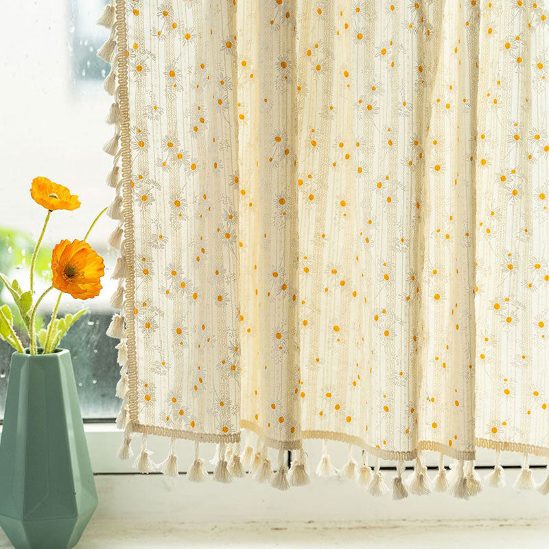 Beige Daisy Pattern Tier Curtain in Cotton Linen Fabric