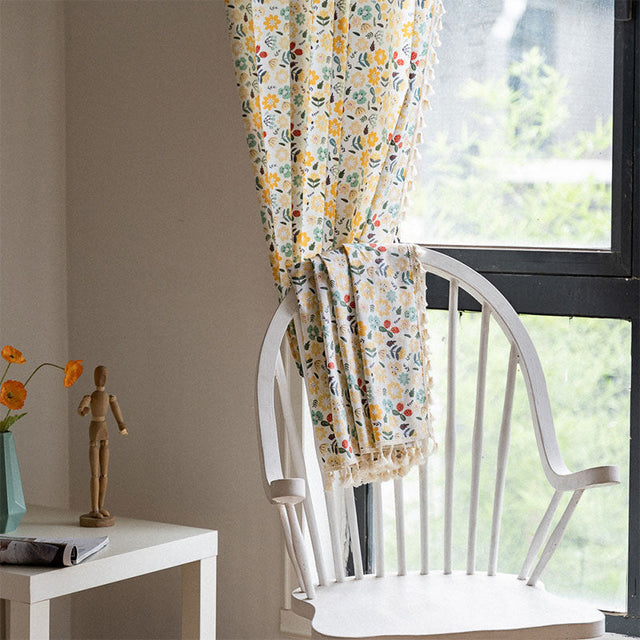Yellow Flower Tassel Light Filtering Cotton Linen Curtain