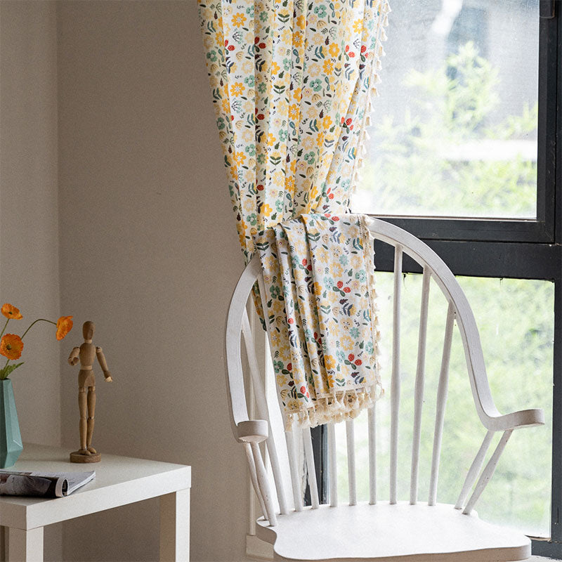 Yellow Flower Tassel Light Filtering Cotton Linen Curtain