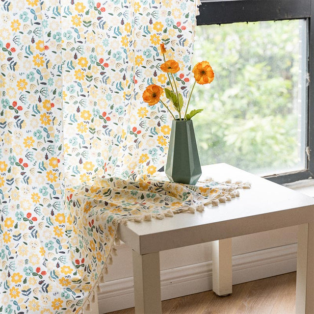 Yellow Flower Tassel Light Filtering Cotton Linen Curtain