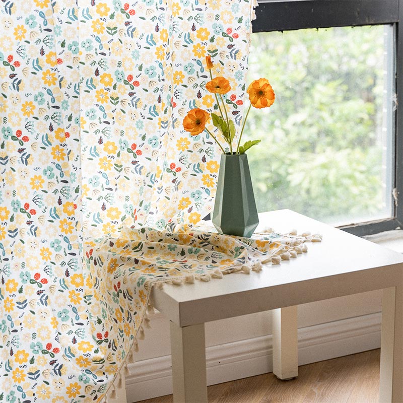 Yellow Flower Tassel Light Filtering Cotton Linen Curtain