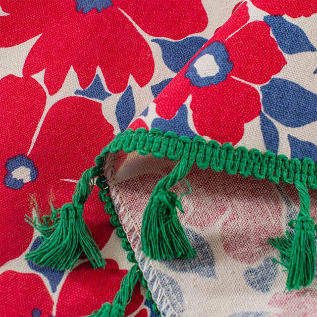 Red Flower Print Tassel Tier Curtain in Cotton Linen