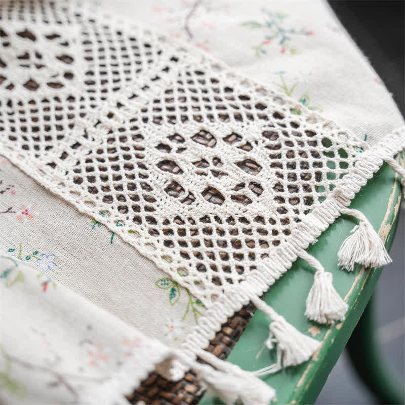 Floral Plaid Splicing Cotton Linen Tassel Curtain