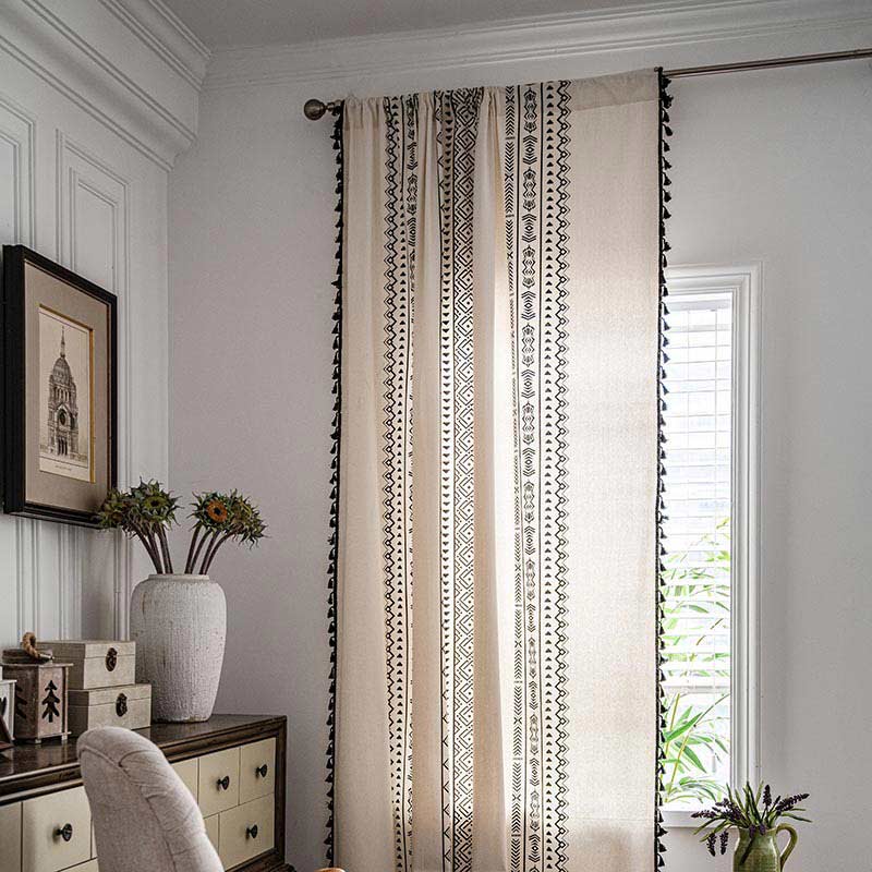 Geometric Tassel Curtain Semi Blackout Drapes in Cotton Blend
