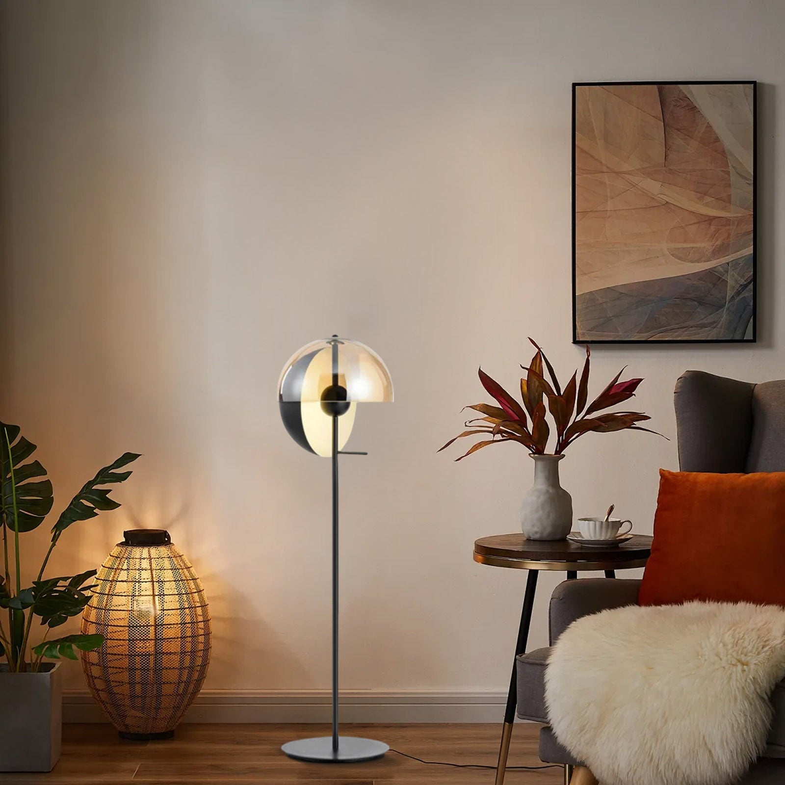 Modern Amber Floor Lamp Metal Glass Dome Bedroom-3