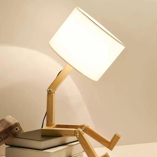Adjustable Robot Shape Wooden Table Lamp with Fabric Shade
