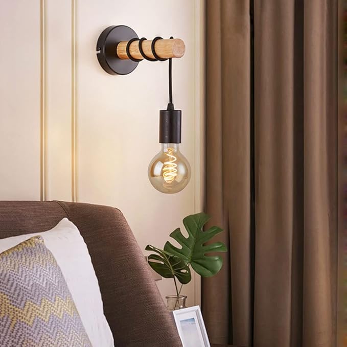 Black Industrial Wall Bedside Lamp with Wooden Base