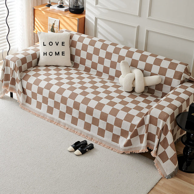 Color Block Checkerboard Fringe Trim Sofa Blanket Cover