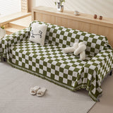 Color Block Checkerboard Fringe Trim Sofa Blanket Cover