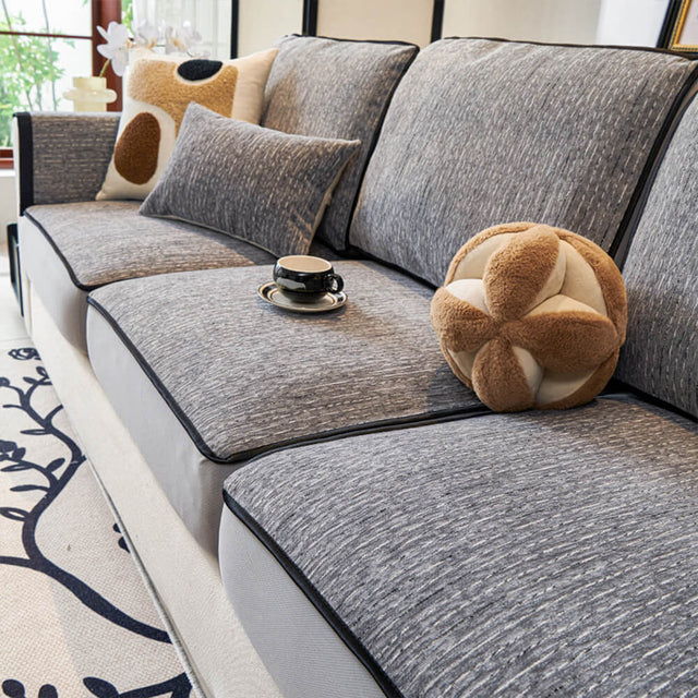 Linear Modern Stretch Chenille Full Wrap Couch Cover - Soft Durable Design