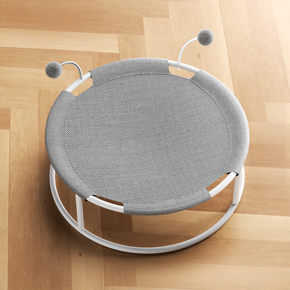 Round Breathable Moisture-Proof Warm Mesh Cat Bed with Pom-Poms